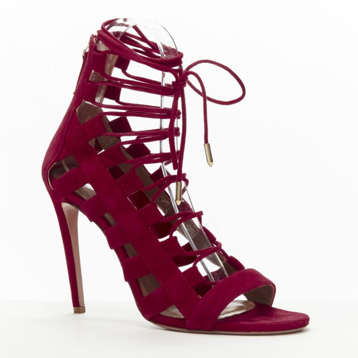 AQUAZZURA Amazon dark red suede lace up sandals high heels EU38