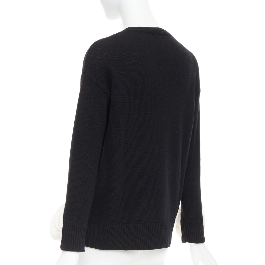 VALENTINO 2024 black virgin wool cream 3D Flower cuff crew neck sweater XS