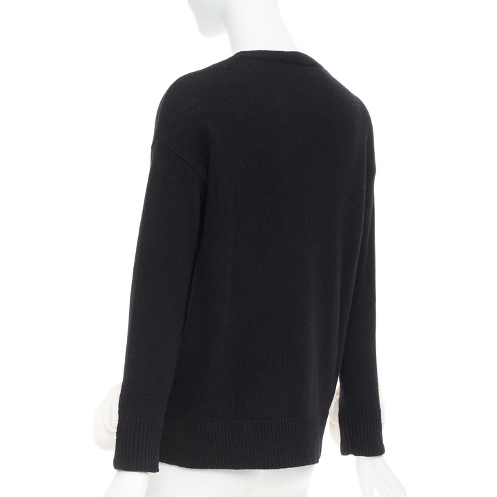 VALENTINO 2024 black virgin wool cream 3D Flower cuff crew neck sweater XS