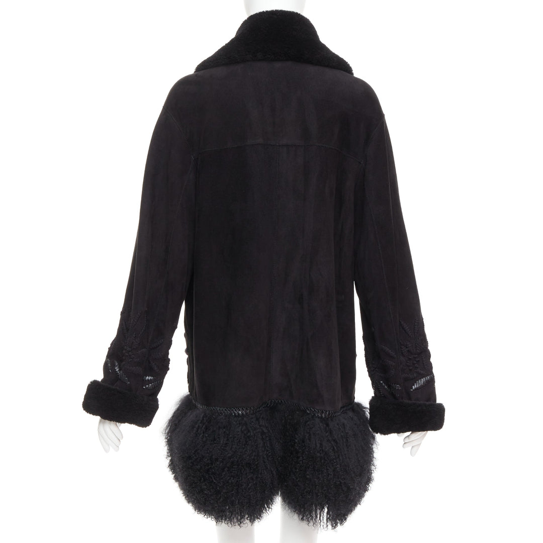 ERMANNO SCERVINO black multi sheep shearling leather embroidered coat IT40 S
