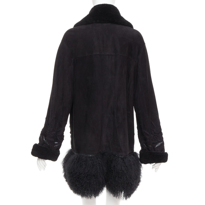 ERMANNO SCERVINO black multi sheep shearling leather embroidered coat IT40 S