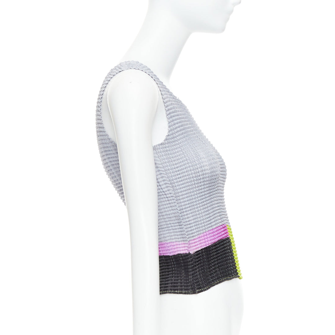 ISSEY MIYAKE neon green pink grey colorblock pleated tank top M