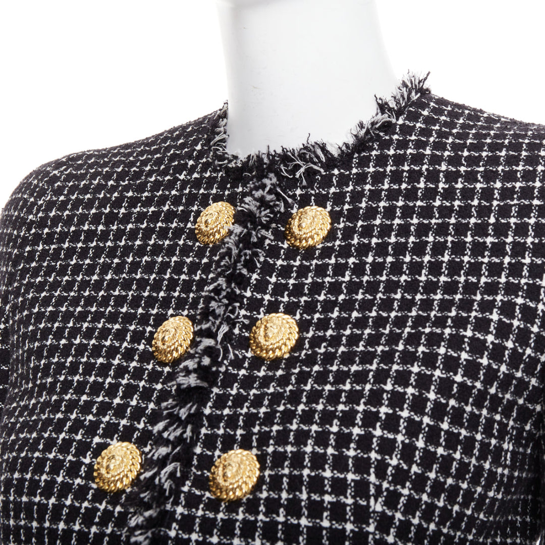 BALMAIN 2024 black white tweed lionhead buttons cropped jacket FR34 XS