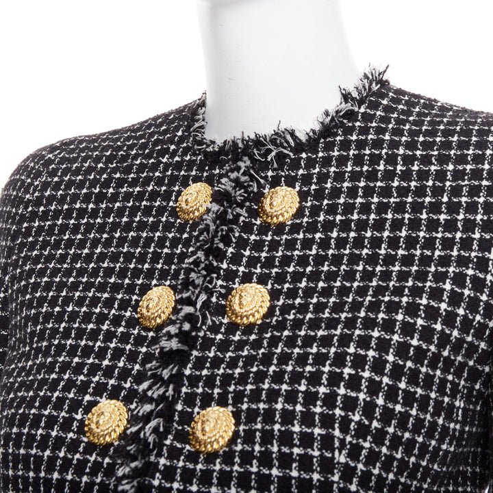 BALMAIN 2024 black white tweed lionhead buttons cropped jacket FR34 XS