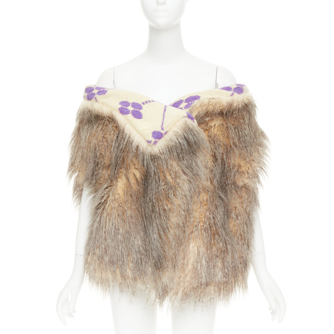 PRADA Raf Simons 2021 Runway brown fur purple floral jacquard clutch shawl IT38