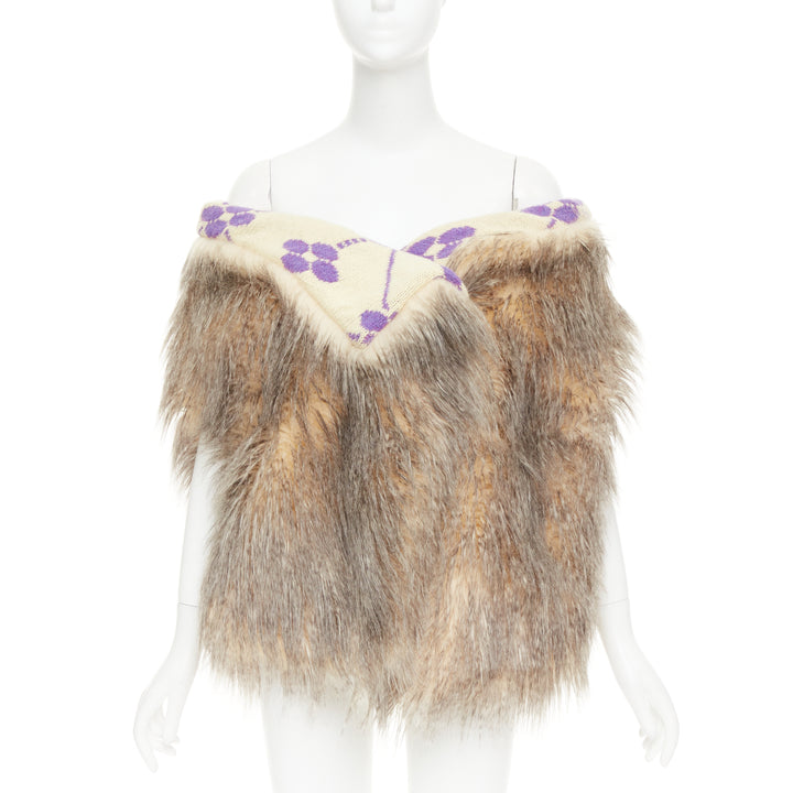PRADA Raf Simons 2021 Runway brown fur purple floral jacquard clutch shawl IT38