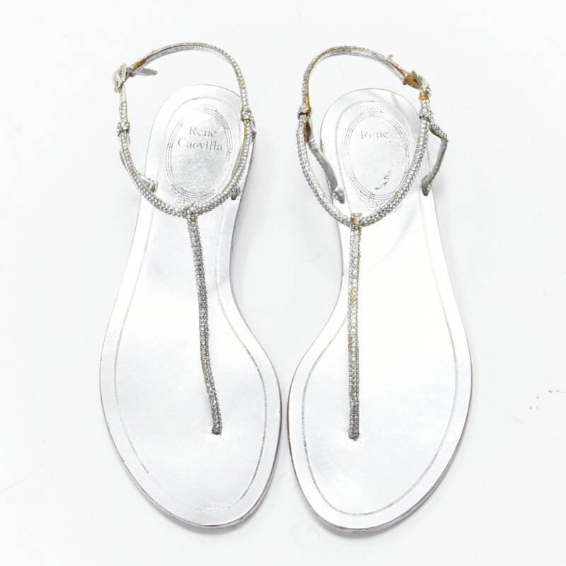 RENE CAOVILLA silver strass rhinestone T-strap flat thong sandals EU36