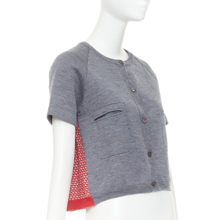 MARNI 2016 grey cotton raglan short sleeve red tweed back crop cardigan IT40 S