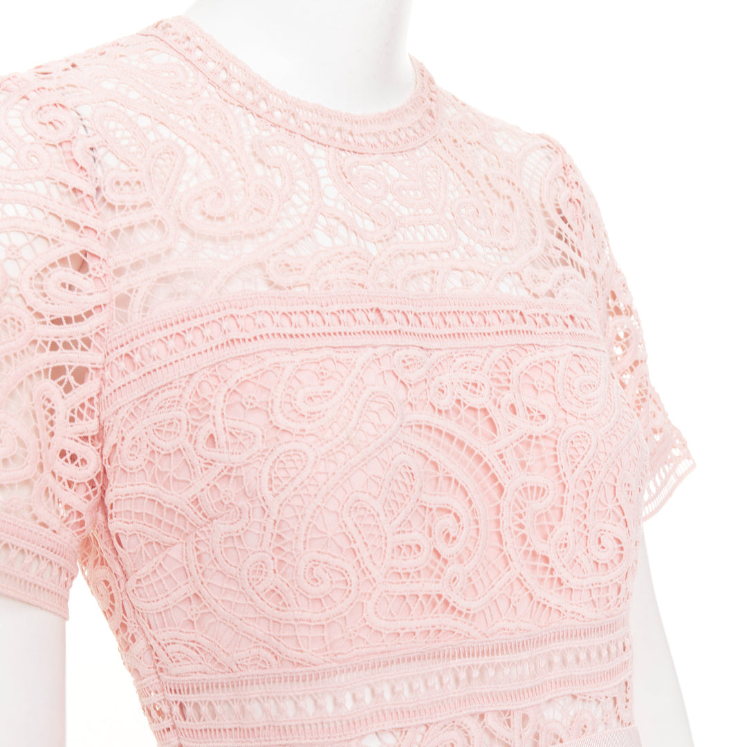 SELF PORTRAIT 2022 Abstract Guipure pink embellished lace sheer dress UK8 S