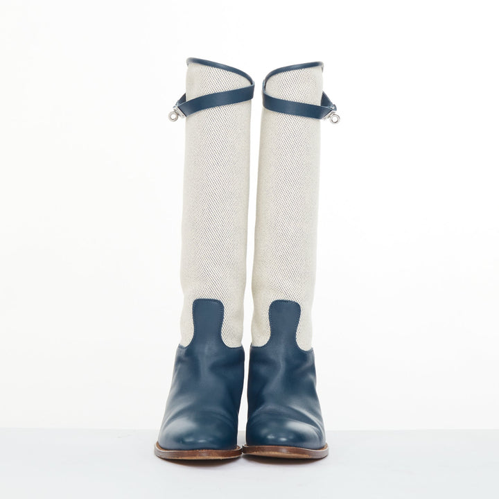 HERMES Jumping beige canvas navy blue leather Kelly buckle riding boots EU37.5