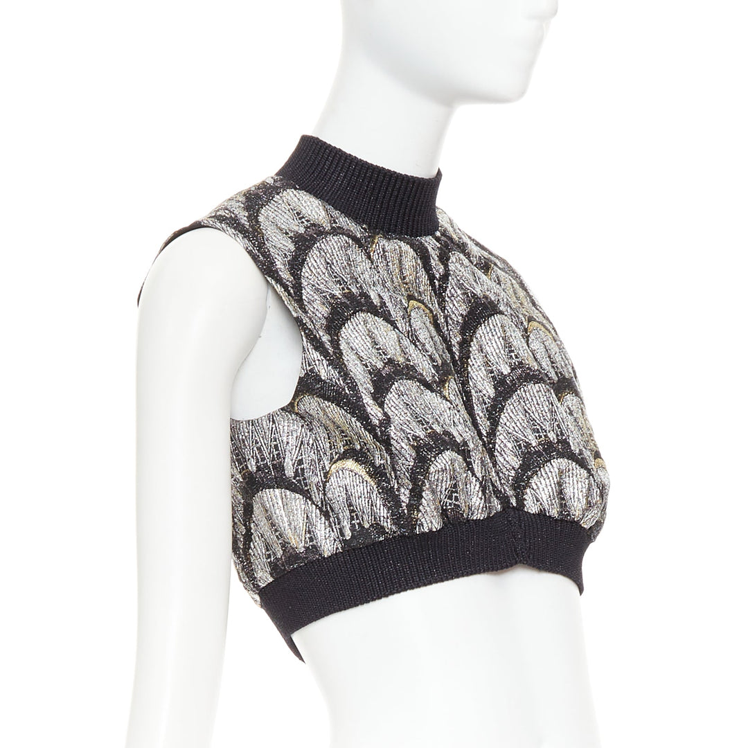 LOUIS VUITTON 2024 Jacquard Crop silver black metallic arch embroidered top FR38