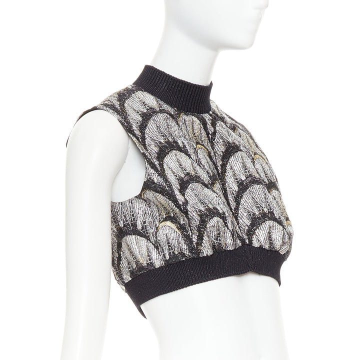LOUIS VUITTON 2024 Jacquard Crop silver black metallic arch embroidered top FR38