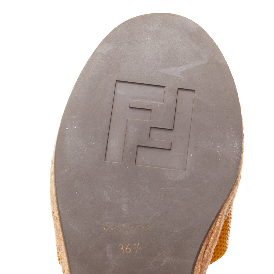 FENDI yellow embossed leather cross strap patent ankle strap jute sandal EU36.5
