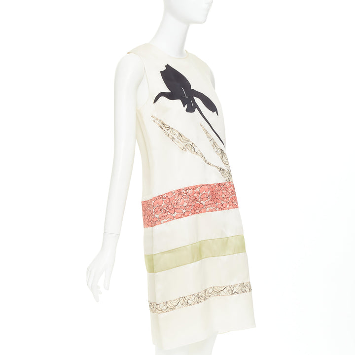 DIOR Raf Simons 2014 Runway silk ivory black floral applique shift dress FR36 S