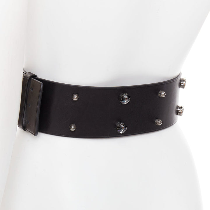 LANVIN black calfskin leather crystal embellished panelled statement belt S