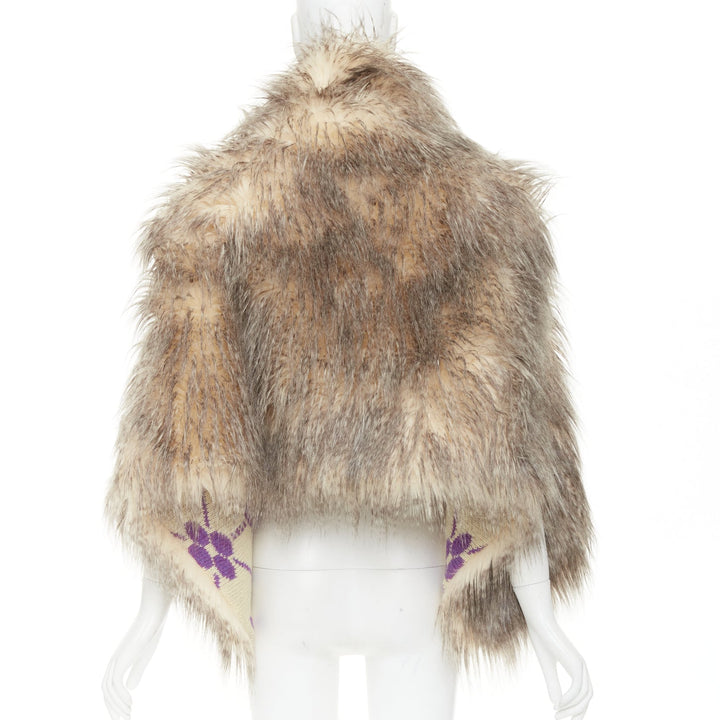 PRADA Raf Simons 2021 Runway brown fur purple floral jacquard clutch shawl IT38