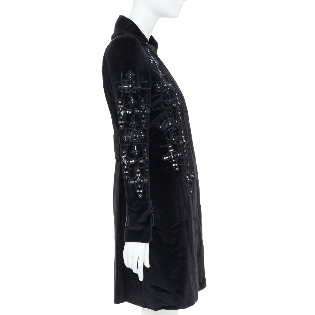 VERSACE 2012 runway black velvet gothic Byzantine cross flared zip coat IT38 XS