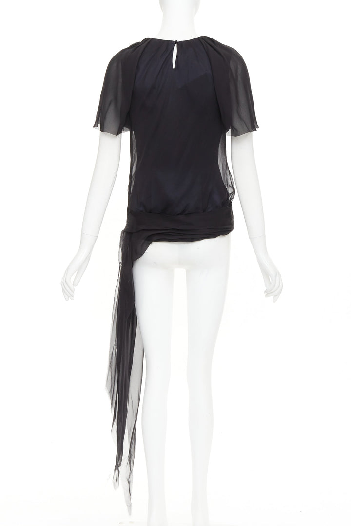 J MENDEL Chiffon Draped Top black beads embellished asymmetric blouse top US2 S