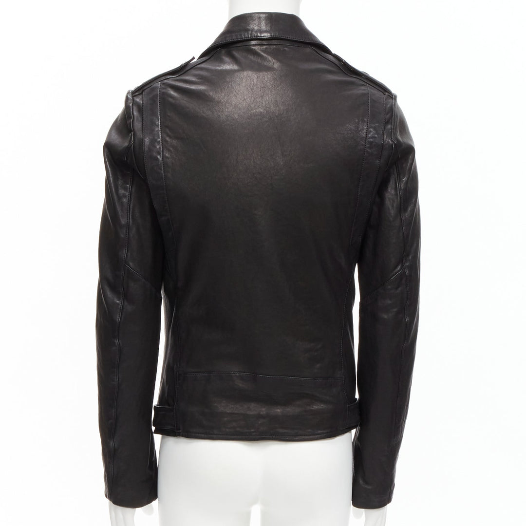 BALMAIN black lambskin leather silver zip classic biker motorcycle jacket EU48 M