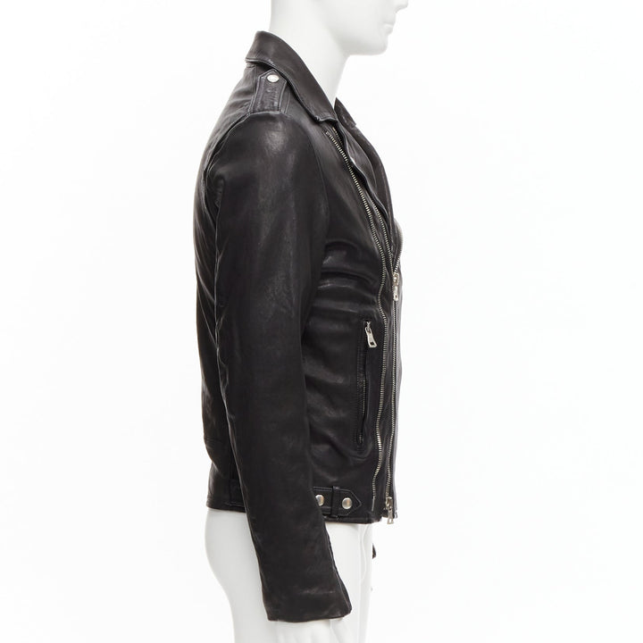 BALMAIN black lambskin leather silver zip classic biker motorcycle jacket EU48 M