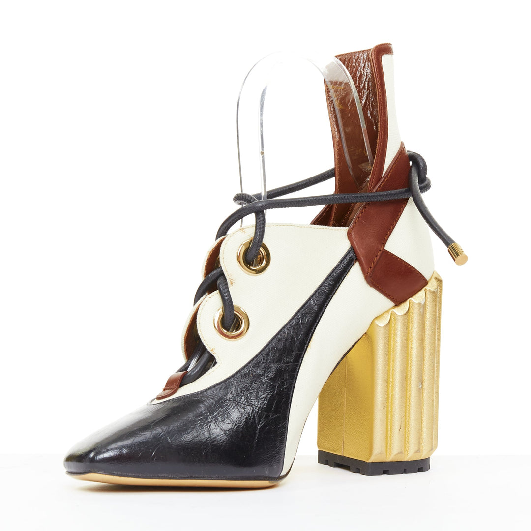 DIOR Raf Simons 2017 Runway gold fluted column heel brown laced ankle boots EU38