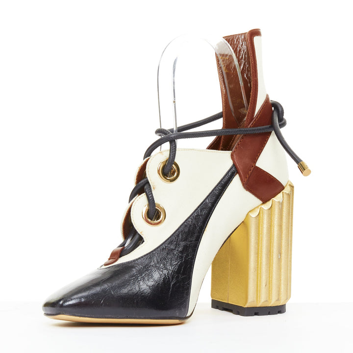 DIOR Raf Simons 2017 Runway gold fluted column heel brown laced ankle boots EU38