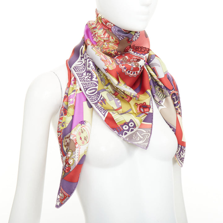 HERMES 2009 Zabavushka Russian folk toy print multicolor silk square scarf 90cm