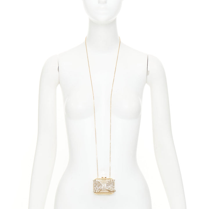 GUCCI 2016 Crystal Bow Micro Guccissima gold metal nano box clutch necklace