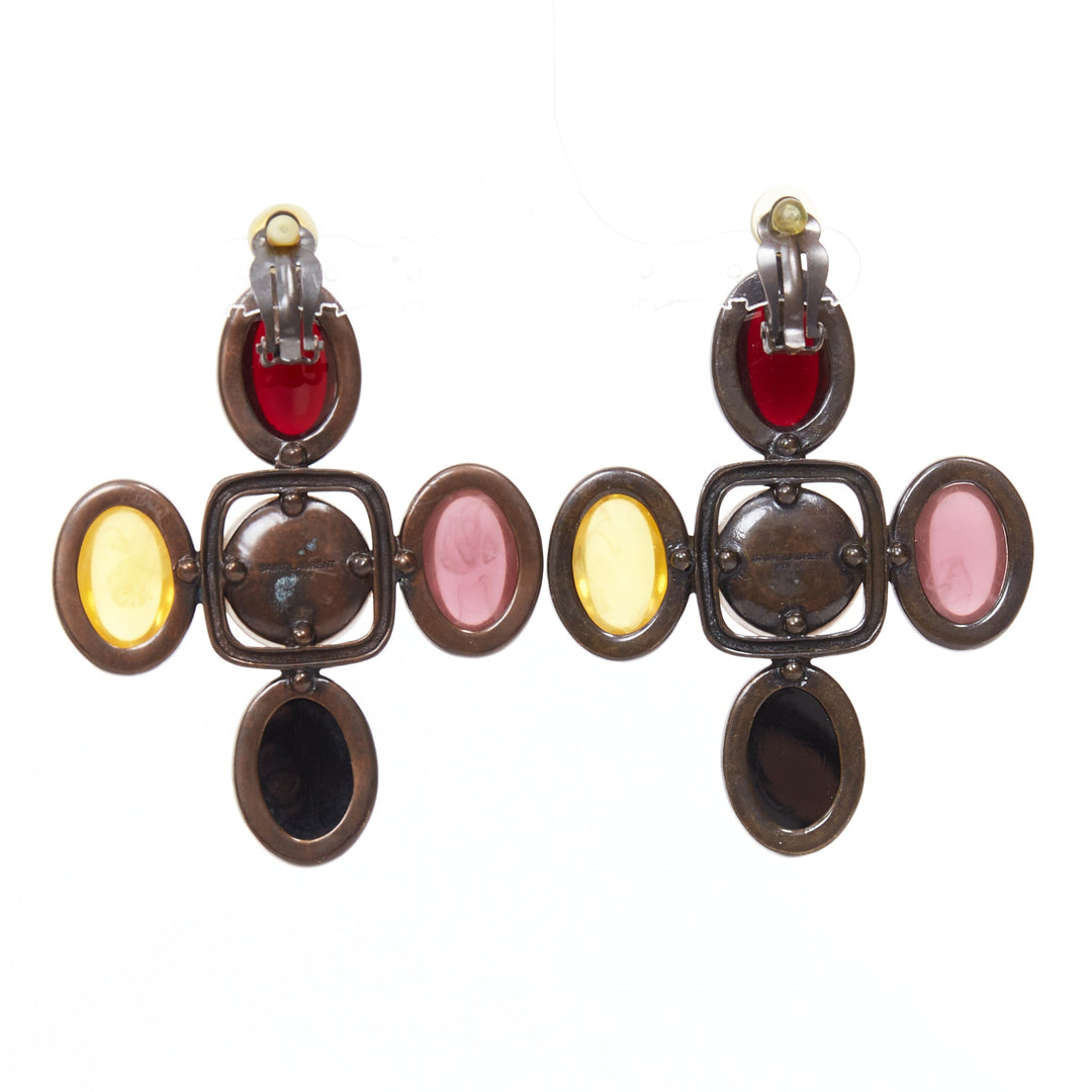rare SAINT LAURENT Runway Resin Cabochon Cross aged bronze clip earrings Pair