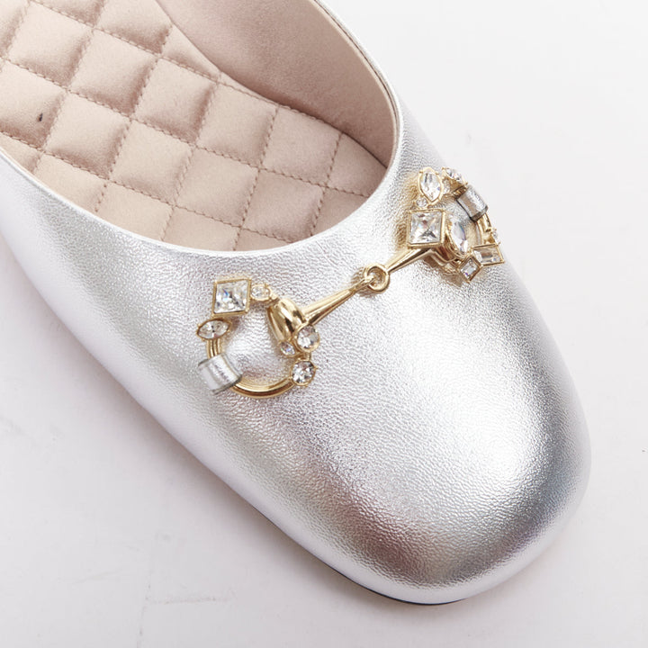 GUCCI silver metallic leather gold crystal horsebit buckle slipper heels EU37
