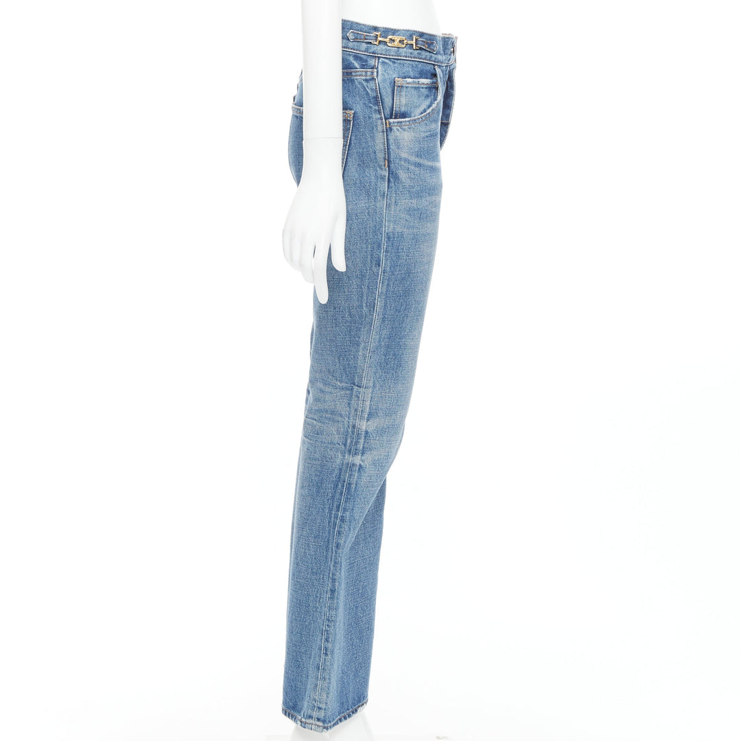 CELINE W_FL_018 Dylan blue washed gold triomphe buckle bootcut jeans 26"