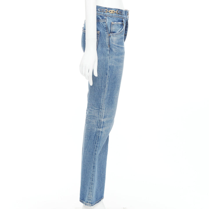 CELINE W_FL_018 Dylan blue washed gold triomphe buckle bootcut jeans 26"