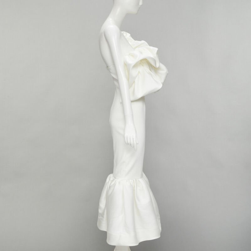 SOLACE Tove Midi white polyester ruffle cascade shoulder flounce dress UK12 M