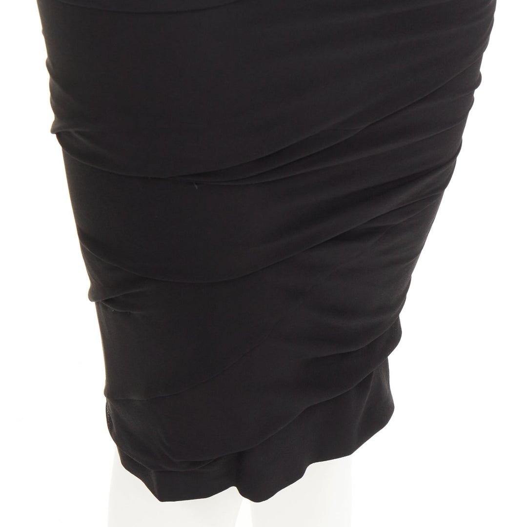TOM FORD black viscose ruched high waisted asymmetric knee pencil skirt IT36 XXS