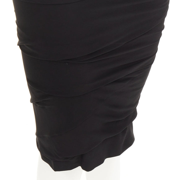TOM FORD black viscose ruched high waisted asymmetric knee pencil skirt IT36 XXS