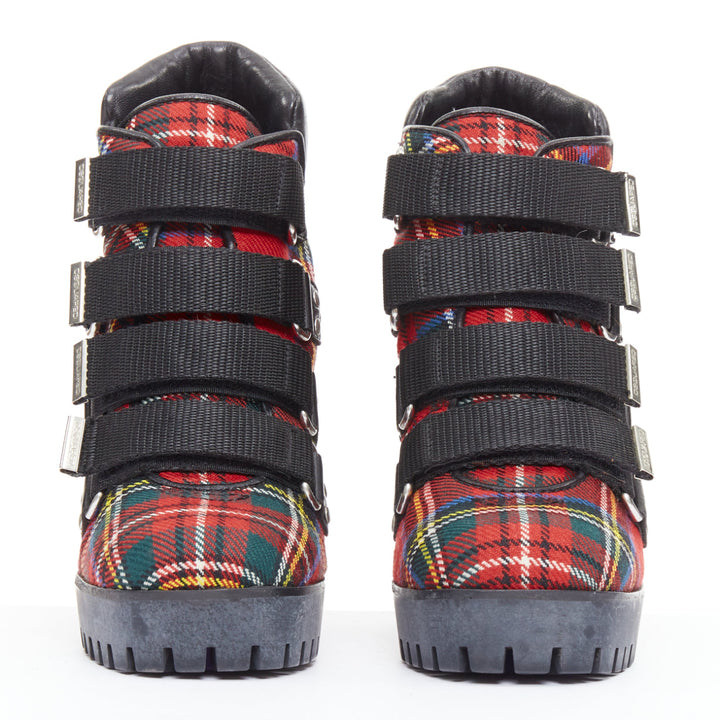 rare DSQUARED2 Vintage red tartan wool punk buckle ankle booties EU36