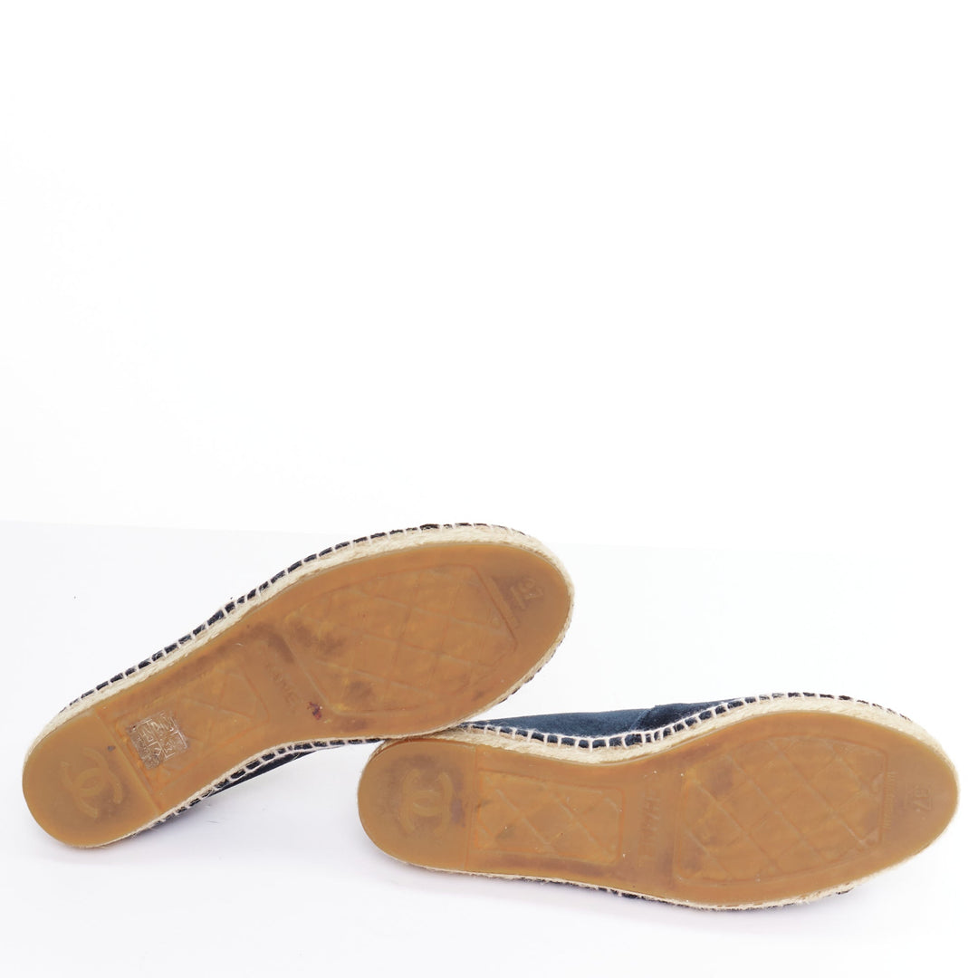 CHANEL navy velvet CC logo applique nude jute espadrille shoes EU37
