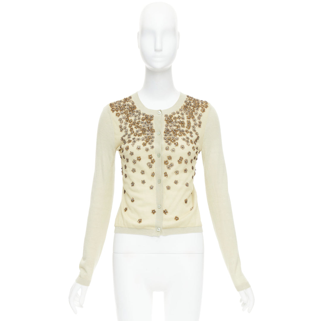 VALENTINO beige cashmere silk bead embellished crop cardigan M