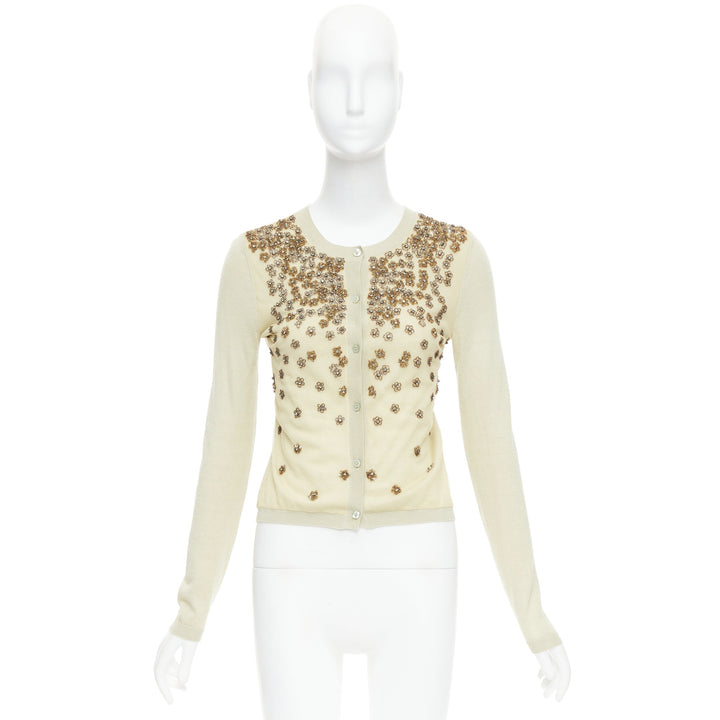 VALENTINO beige cashmere silk bead embellished crop cardigan M