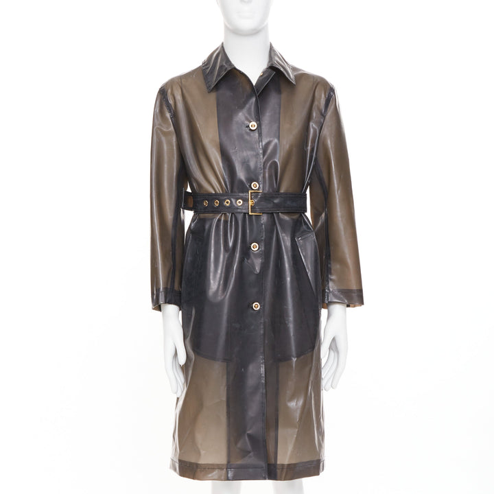 VERSACE 2019 black transparent latex pvc crystal single breasted coat EU38EU38