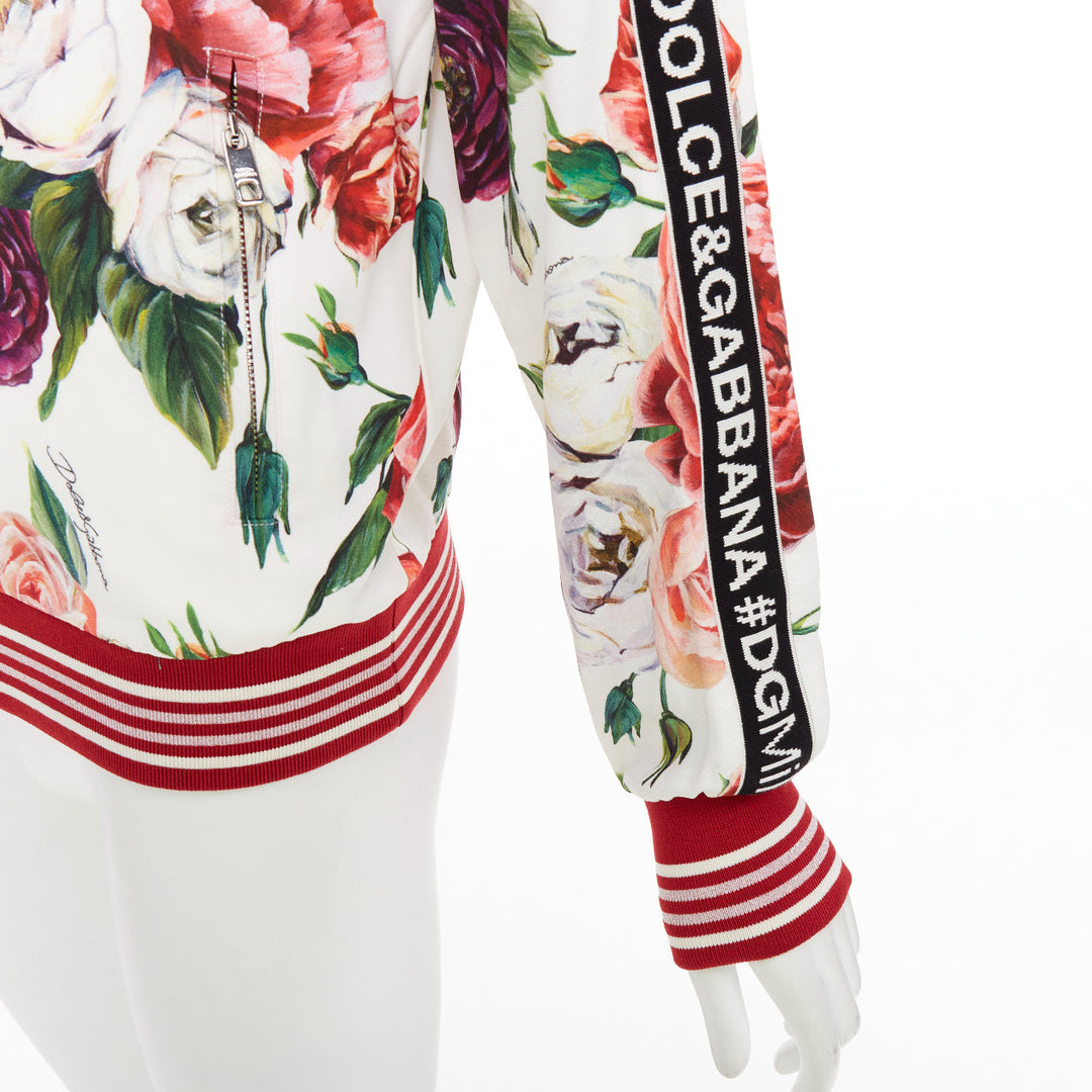 DOLCE GABBANA red rose floral print striped silk track bomber jacket IT36 XXS