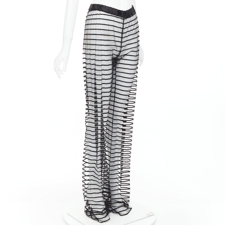 DRIES VAN NOTEN black flocked mesh striped sheer straight leg pants FR38 M