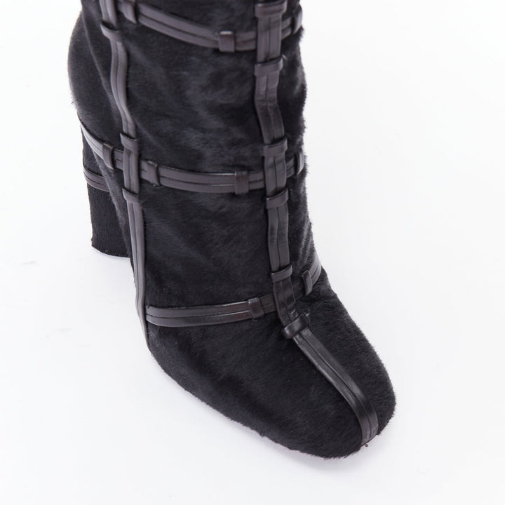 TOM FORD black ponyhair leather cage trim block heeled boots EU36