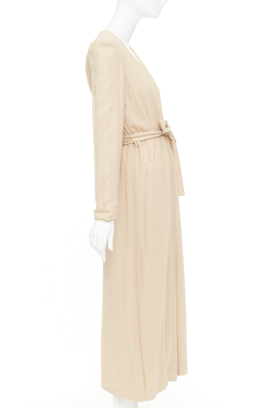 RYAN ROCHE beige double layer silk georgette V neck tie belted coat US4 S