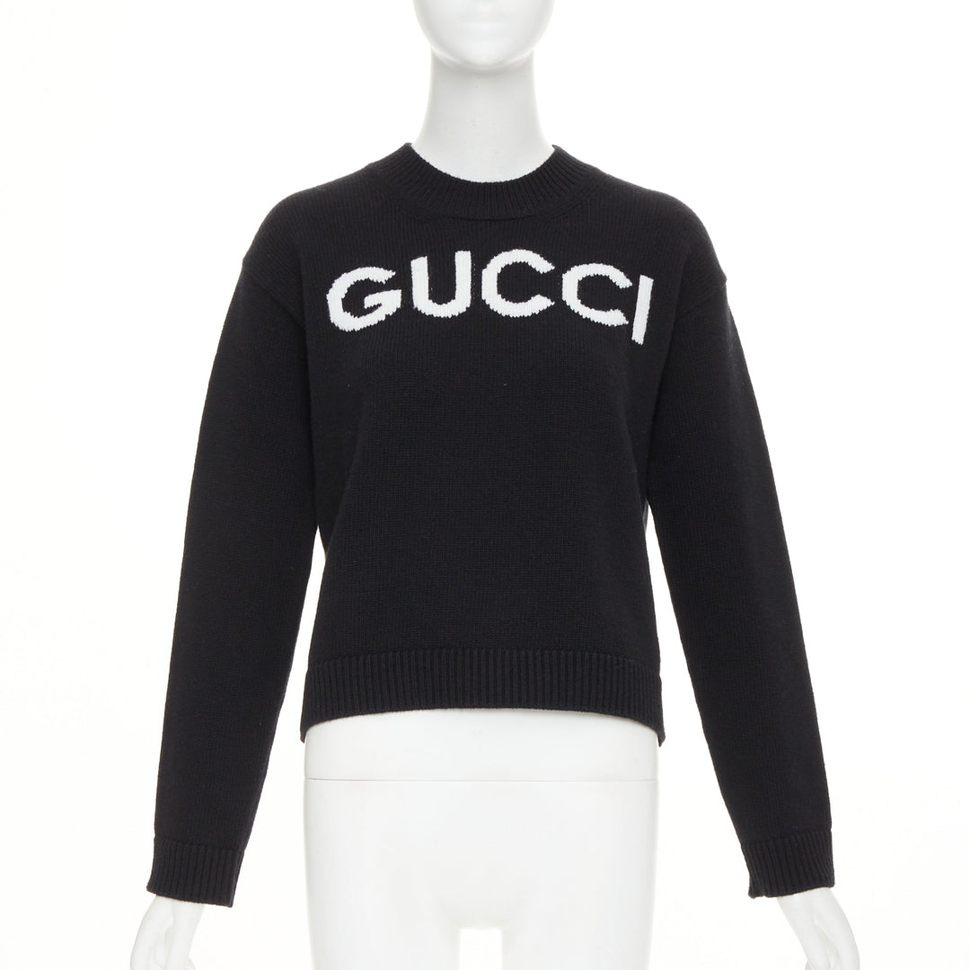 GUCCI black white wool block logo intarsia crew neck pullover sweater S