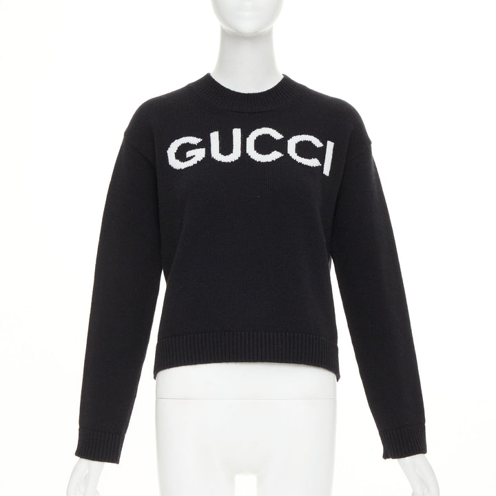 GUCCI black white wool block logo intarsia crew neck pullover sweater S