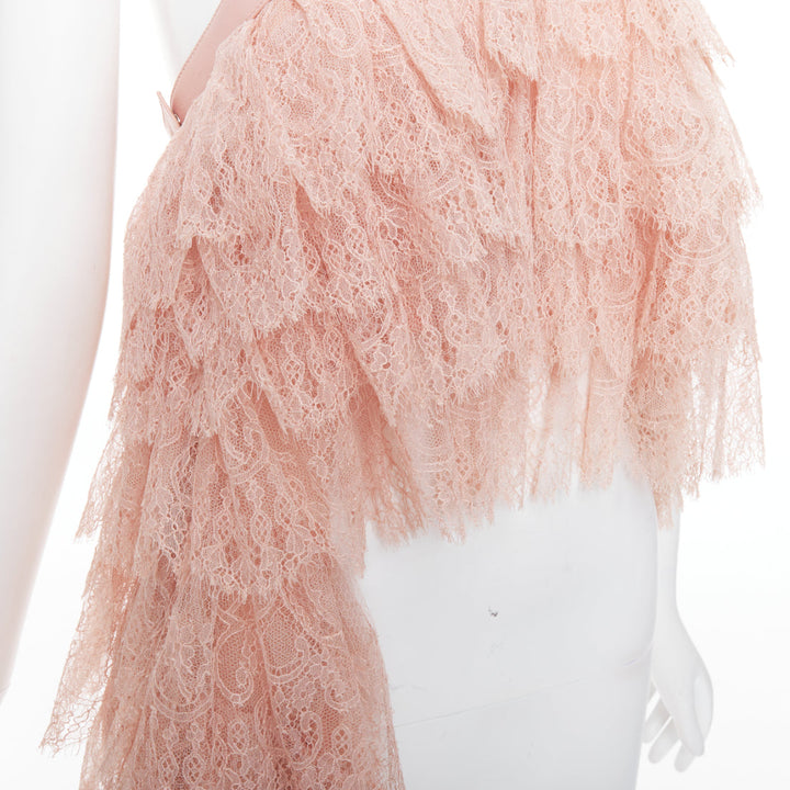 ALEXANDER MCQUEEN 2007 Runway pink lace leather cascade drape ruffle top IT38 XS