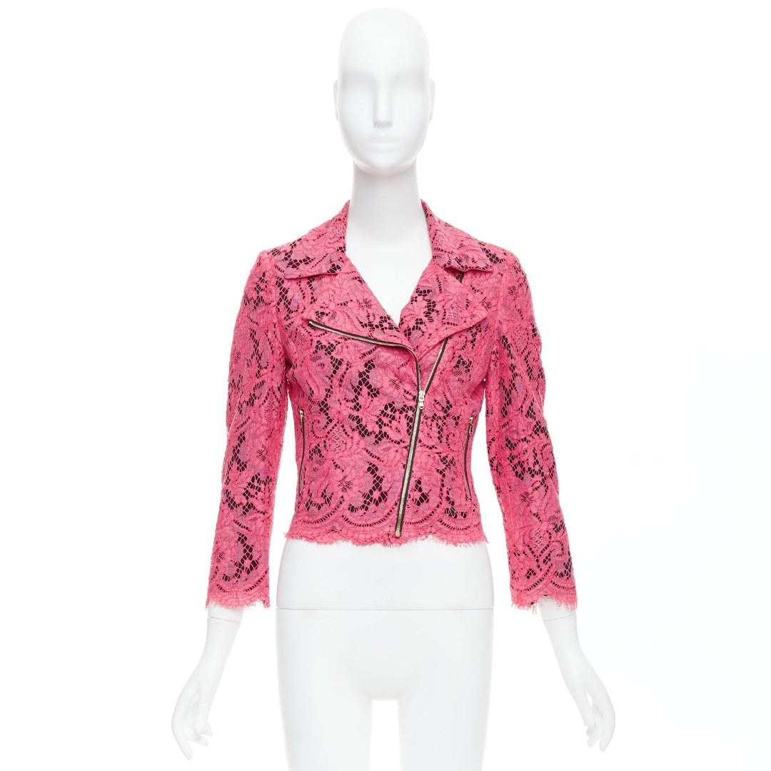 MSGM pink cotton blend lace side zip cropped biker jacket IT40 S