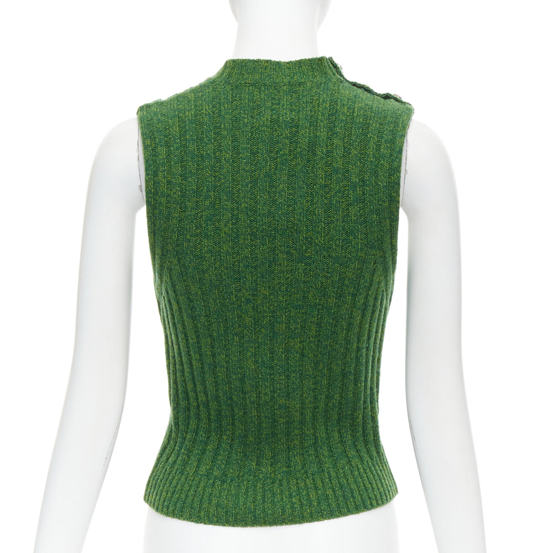 GANNI green recycled wool blend crystal button crew cropped vest XXS