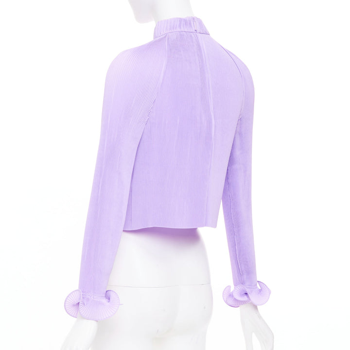 TIBI plisse lilac high neck pleated sleeve cropped cocktail top XS
